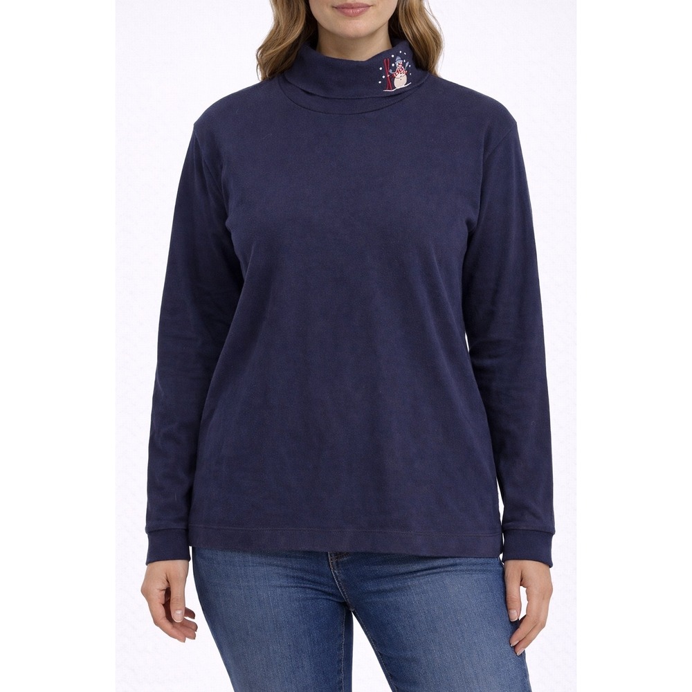 Willow Bay Turtleneck Women Size M Navy Blue Embroidered Snowman Skiing Winter